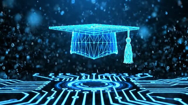 Digital graduation cap over circuit board education and technology