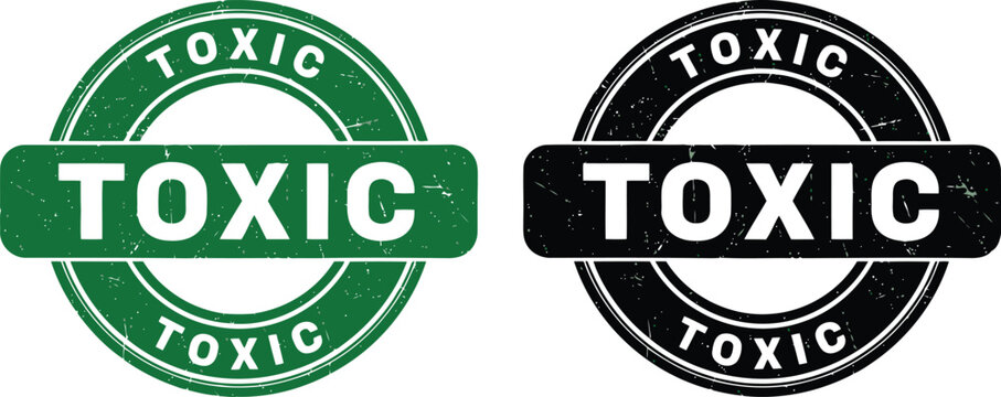 Toxic stamp vector icons set, green and black grunge warning labels for hazardous materials and safety signage
