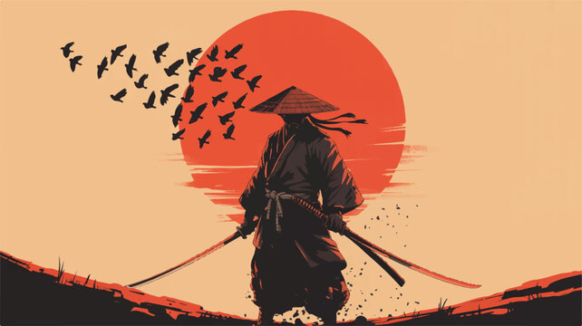 Dramatic digital art illustration of a samurai warrior silhouette with katanas against a vibrant red sun and flying birds, evoking ancient Japanese tradition and martial spirit