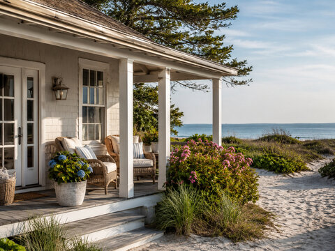 Coastal beach cottage porch with wicker chairs, hydrangeas, sandy path, dune plants, and calm ocean view in warm summer sunlight.
