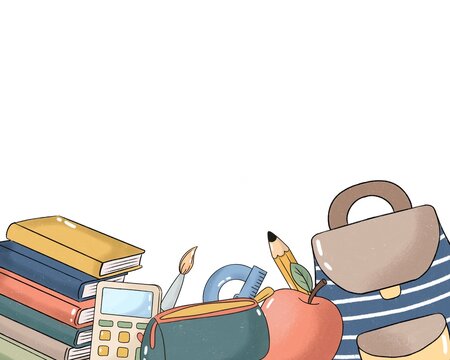 Back to school horizontal border banner with stationery. School supplies background with copy space for text, textbooks and backpack.