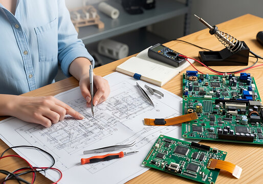 Female engineer working on electronic circuit board design and assembly at a workbench.