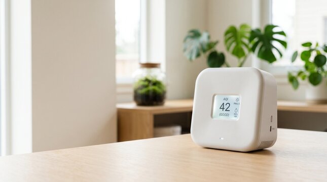 Smart air quality monitor displayed on wooden table in bright room  