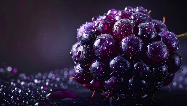 Bunch of Fresh Purple Grapes with Water Droplets on Dark Wet Surface