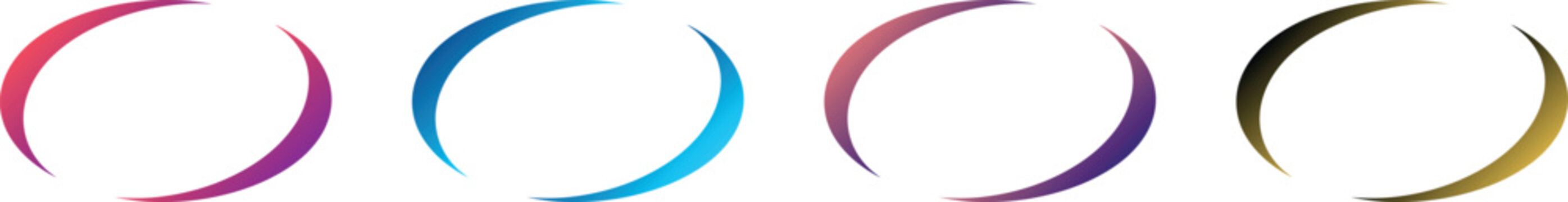 Abstract gradient crescent swoosh frames set, vector dynamic oval border lines with colorful transition for modern logo design and tech branding.