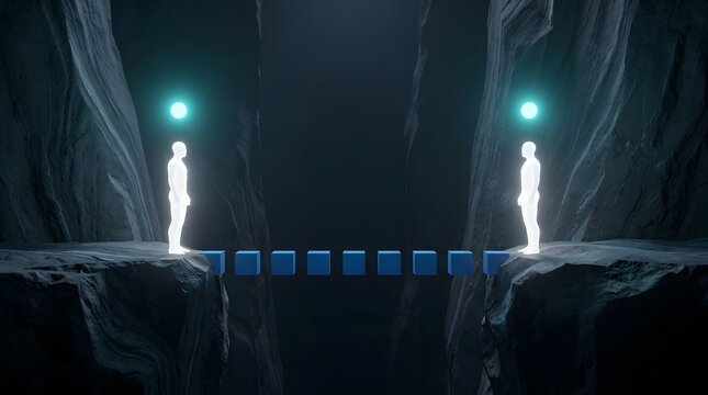 Two glowing figures connected by floating blue cube bridge across canyon representing connection, bridging gap, communication, partnership, teamwork, overcoming barriers in digital collaboration 