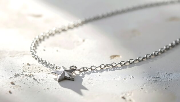 Silver star pendant necklace on textured white plaster background with sharp shadows