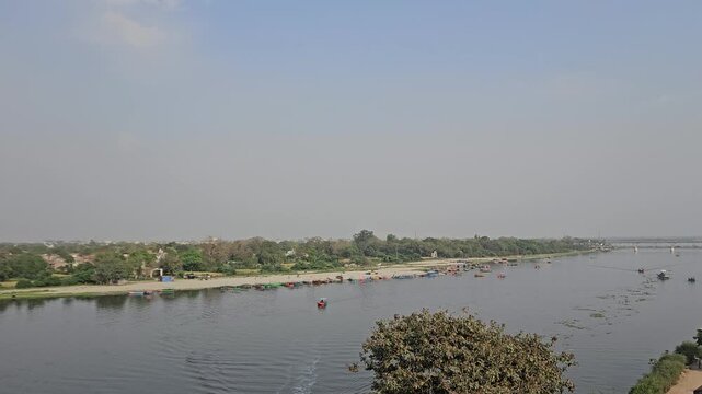 panoramic view of the Yamuna River from Kans Qila fort in Mathura, India.