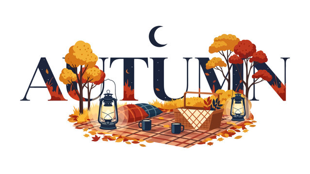 Autumn Picnic Serenity: Embrace the cozy charm of autumn with a delightful picnic scene, featuring a basket of treats, warm drinks, and lanterns glowing under a crescent moon.
