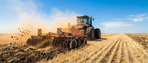 Obraz premium Farm tractor plowing agricultural field preparing soil for sowing
