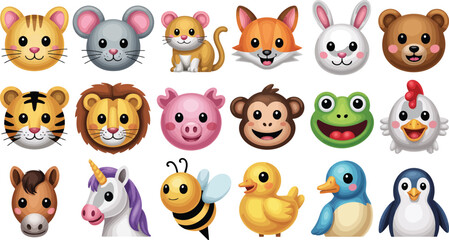 Collection of 18 cute cartoon animal emoji faces for social media messaging and fun expression © KhadizaAkter