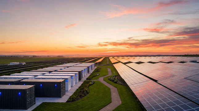 Solar farm with battery storage at sunset delivering clean energy
