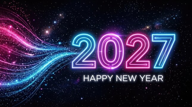 Neon glowing 2027 happy new year sign with swirling lights against a starry night background