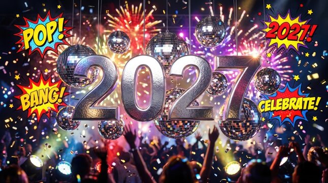 New Year 2027 celebration with silver numbers disco balls confetti and comic book style explosions
