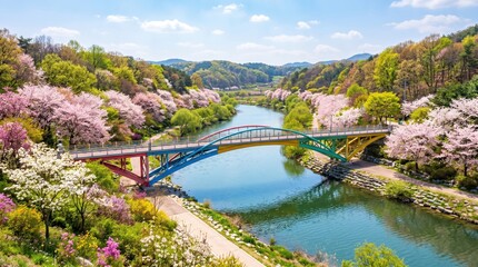 Fototapeta premium Arched pedestrian bridge spanning calm river surrounded by blooming cherry blossom trees in wooded riverside park landscape