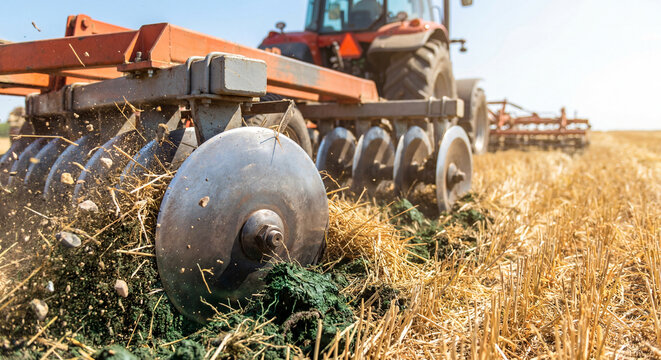 Tractor performing primary tillage in a dry stubble field