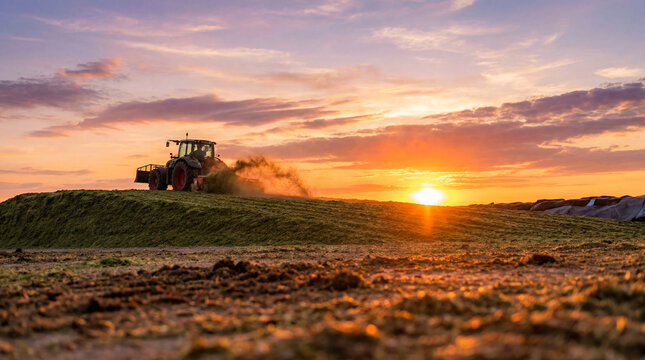 Tractor compacting fresh silage on farm at sunset