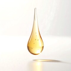 Fototapeta premium Golden cosmetic oil drop macro on light minimal background with copy space