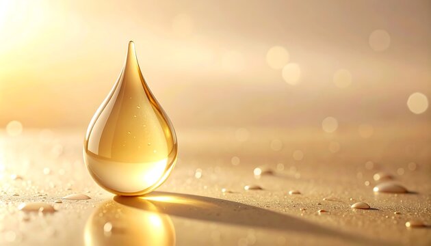 Golden serum drop macro on light background with long caustic shadow