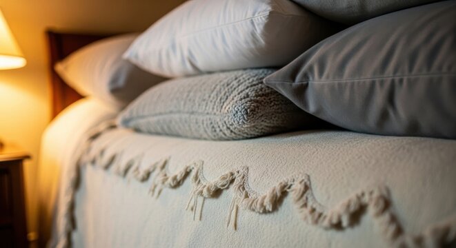 Cozy stacked pillows resting on a textured chenille bedspread with a frayed edge detail