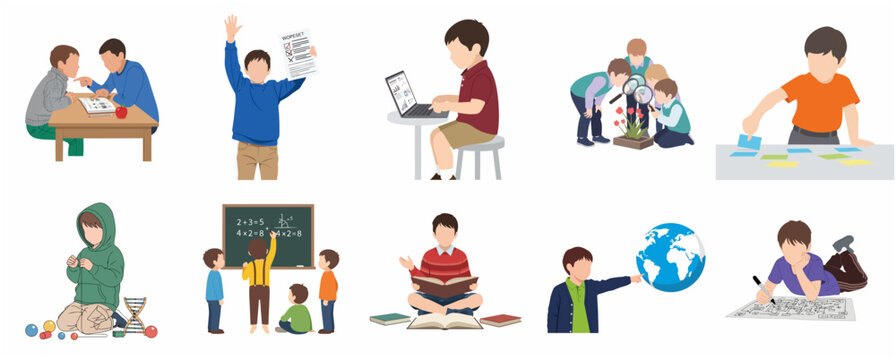 Children Education and Learning Activity Vector Illustrations Set Featuring School Kids Studying, Reading, and Doing Science Experiments
