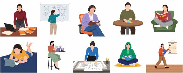 Fototapeta premium Collection of People Characters Engaged in Studying, Working, and Creative Activities Flat Vector Illustration