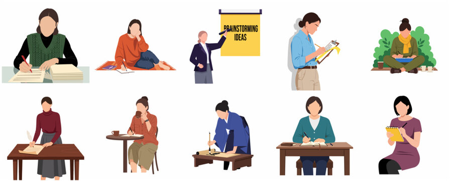Collection of diverse women characters writing, brainstorming, and journaling in various scenes like office, home, and cafe; flat vector illustration set isolated on white.