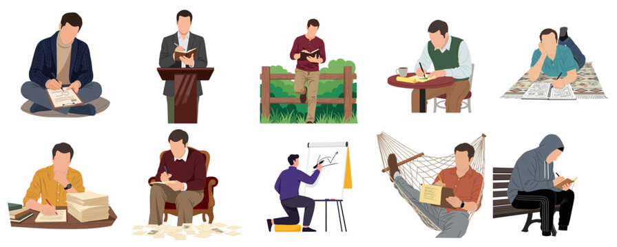 Set of flat vector illustrations of men writing and taking notes in various poses and settings