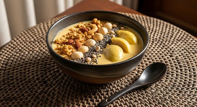 A refreshing and healthy durian smoothie bowl topped with fresh durian fruit, granola, macadamia nuts, and chia seeds served in a dark ceramic bowl