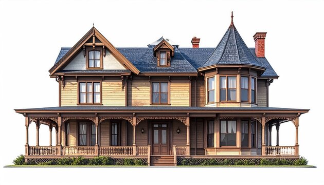 Victorian era wooden house with wrap-around porch, turret, and gables