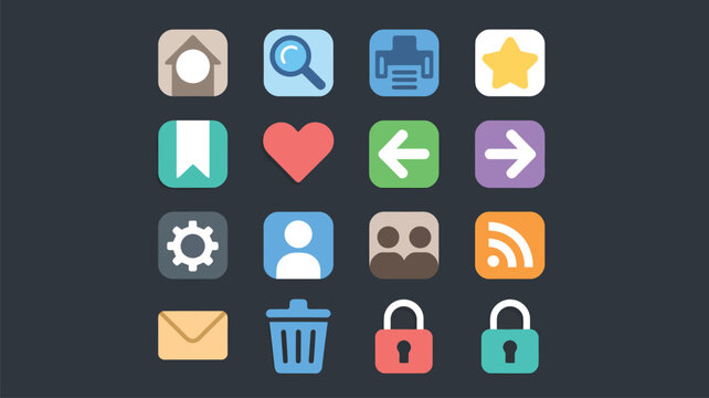 A grid of sixteen colorful flat design app icons for web interface and mobile software development