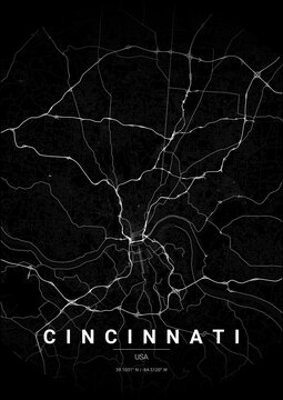 Modern Cincinnati City Map Poster Design, Noir Style Urban Street Grid Cartography