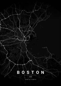 Modern Boston City Map Poster Design, Noir Style Urban Street Grid Cartography