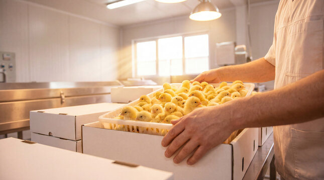 Worker carrying tray of chicks in poultry hatchery