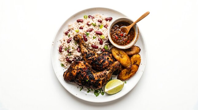Delicious Caribbean jerk chicken with rice beans plantains and sauce on a plate
