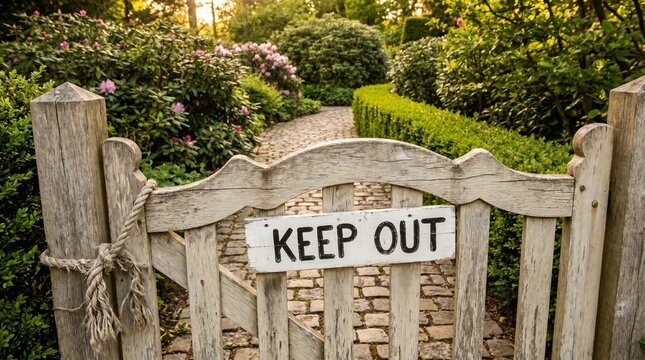 Rustic wooden garden gate with a weathered "keep out" sign invites exploration into a lush blooming landscape