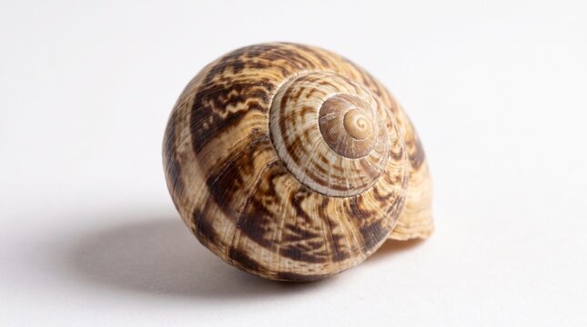 detailed photograph of a brown and tan spiral snail shell with intricate patterns and a smooth texture