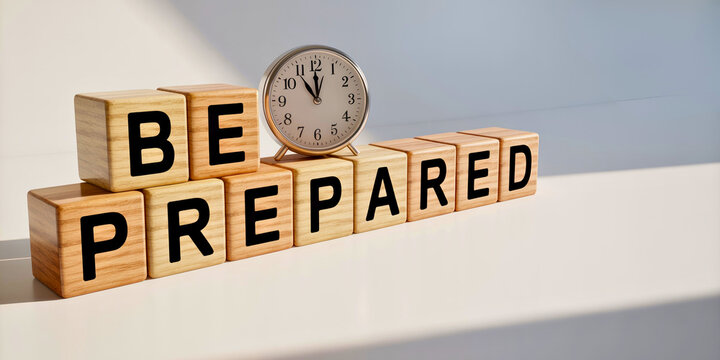 Wooden blocks spelling be prepared with clock for time management readiness planning and proactive business strategy concept