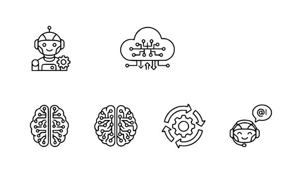 Business AI automation line icons robot assistant cloud workflow neural network vector set