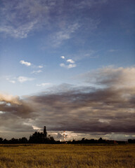 Fototapeta premium Scenic view of a golden agriculture field under a wide blue sky with dark clouds, industrial chimney on the horizon, countryside evening landscape with copy space