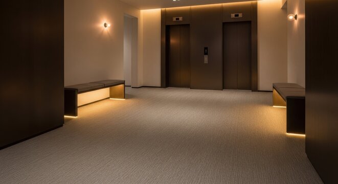 Subtle patterned woven textured flooring in a modern building lobby with elevators and ambient lighting