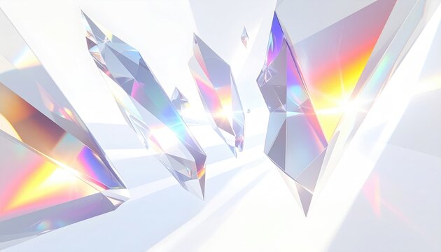Abstract geometric shards refract vibrant rainbow light against a bright, ethereal backdrop