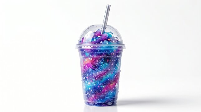 Frozen Galaxy Slurpee Drink with Cosmic Colors on White Background