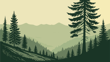 Mountain Valley Landscape Vector Illustration with Pine Trees and Distant Peaks © SABIHA
