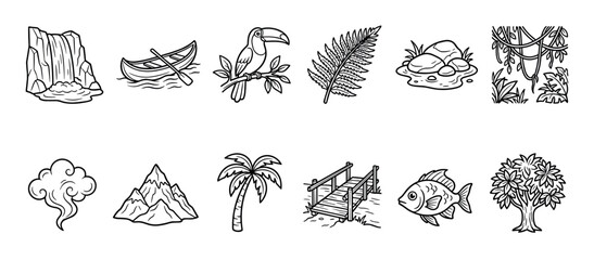 Naklejka premium Various nature elements illustrations set featuring tropical jungle and outdoor objects like animals, plants, and landscapes in a simple line art style.
