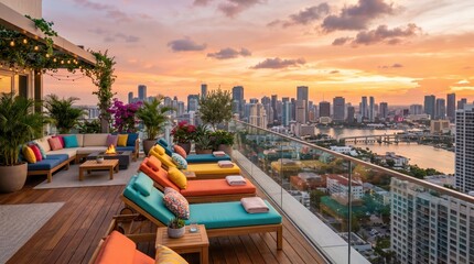 Fototapeta premium Rooftop poolside loungers with colorful cushions facing river and city skyline at sunset on highrise terrace overlooking waterfront cityscape