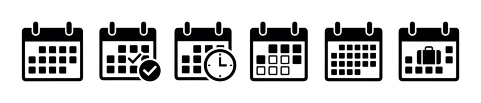 Six black calendar icons with different symbols illustrating various aspects of time management, event planning, and important date tracking.