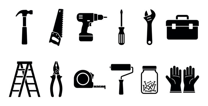 Various essential construction and home improvement tools are presented as a comprehensive set of black silhouette icons for DIY projects and professional work.