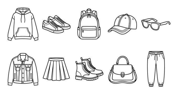 Fashion accessories and clothing items vector line art illustration depicting a variety of apparel and personal effects for design projects.