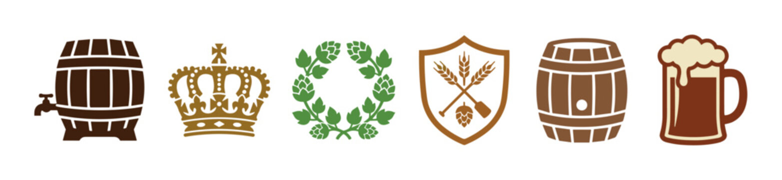 Various beer-related icons and brewery symbols including barrels, a crown, hop wreath, and a beer mug, presented in a flat design style.